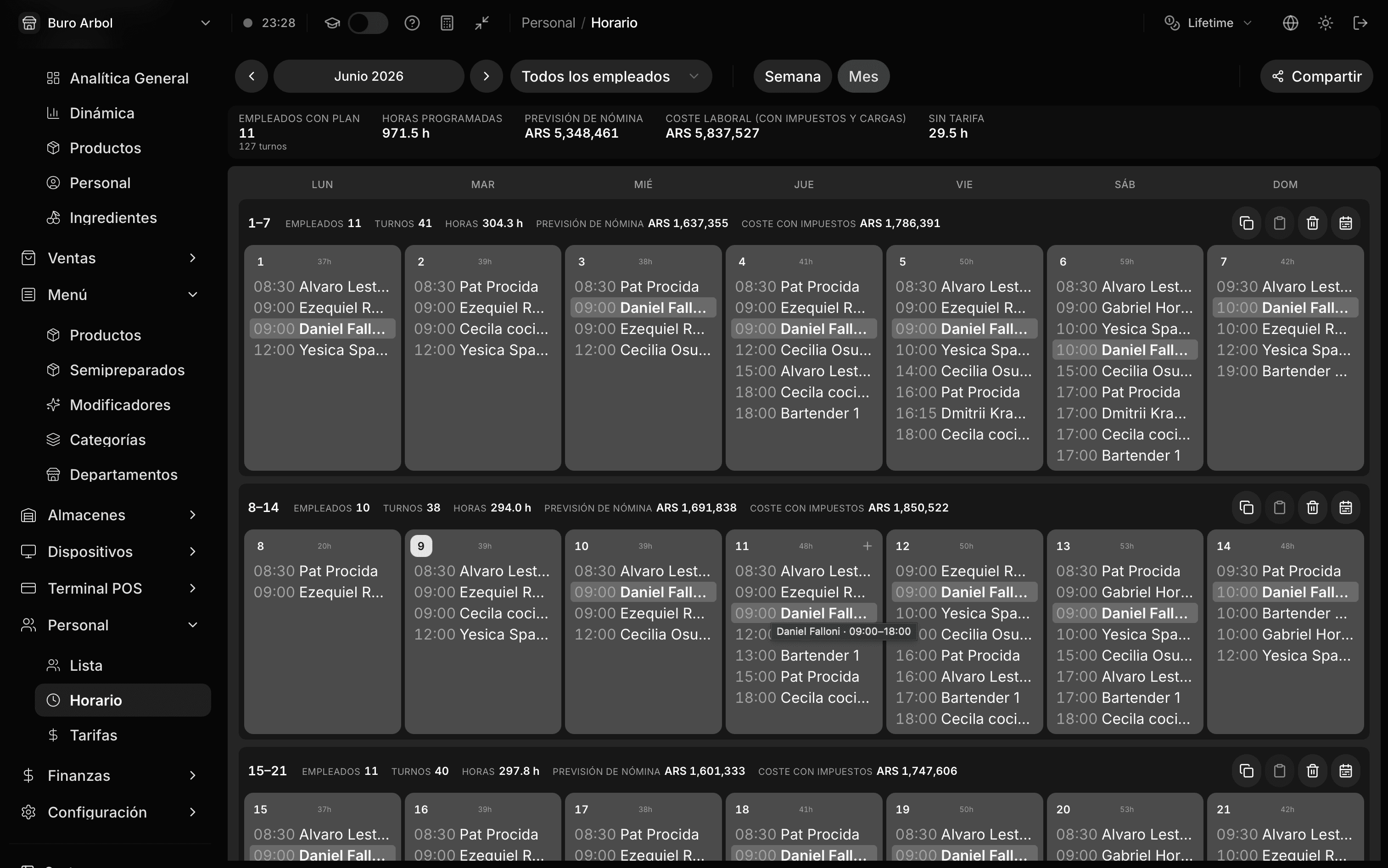calendario mensual con horas programadas, nómina prevista e coste con impuestos